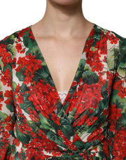 Dolce & Gabbana Multicolor Floral Long Sleeves V-neck Dress