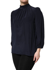 Dolce & Gabbana Blue Silk Mock Neck Long Sleeves Blouse Top