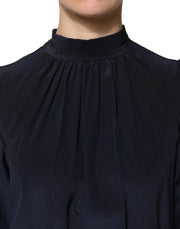 Dolce & Gabbana Blue Silk Mock Neck Long Sleeves Blouse Top