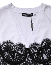 Dolce & Gabbana White Lace Cotton V-Neck Short Sleeves Top