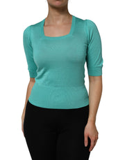 Dolce & Gabbana Aqua Blue Silk Short Sleeves Square Neck Top