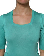 Dolce & Gabbana Aqua Blue Silk Short Sleeves Square Neck Top