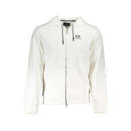 La Martina White Cotton Men Sweater with Hood and Zip Pockets