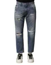 Dolce & Gabbana Blue Washed Tattered Straight Fit Denim Jeans