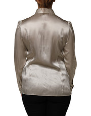 Dolce & Gabbana Beige Satin Silk Collared Long Sleeves Top