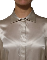 Dolce & Gabbana Beige Satin Silk Collared Long Sleeves Top