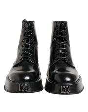 Dolce & Gabbana Black Leather Logo Ankle Boots Lace Up Shoes