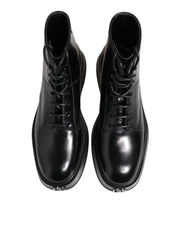 Dolce & Gabbana Black Leather Logo Ankle Boots Lace Up Shoes