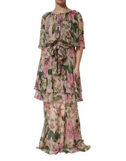 Dolce & Gabbana Pink Floral Print Tiered Long Maxi Dress