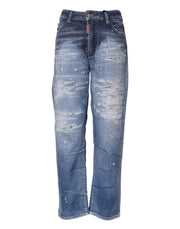 Dsquared² Blue Tattered Cotton Mid Waist Straight Denim Jeans