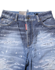 Dsquared² Blue Tattered Cotton Mid Waist Straight Denim Jeans