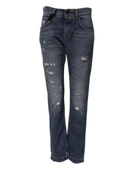 Dolce & Gabbana Blue Cotton Tattered Boyfriend Denim Jeans