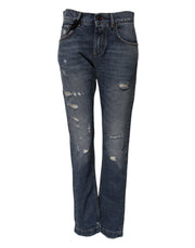 Dolce & Gabbana Blue Cotton Tattered Boyfriend Denim Jeans