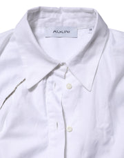 AGLINI White Cotton Collared Long Sleeves Ruffle Top Shirt