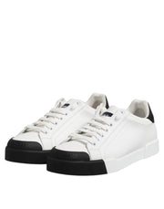 Dolce & Gabbana White Black Logo Leather Lace Up Sneakers Shoes