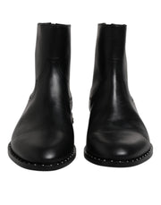Dolce & Gabbana Black Leather Logo Ankle Boots Studded Shoes
