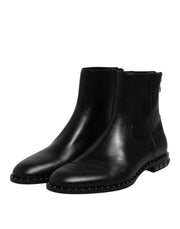 Dolce & Gabbana Black Leather Logo Ankle Boots Studded Shoes
