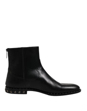 Dolce & Gabbana Black Leather Logo Ankle Boots Studded Shoes