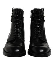 Dolce & Gabbana Black Leather Mid Calf Boots Lace Up Shoes