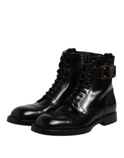 Dolce & Gabbana Black Leather Mid Calf Boots Lace Up Shoes