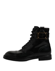 Dolce & Gabbana Black Leather Mid Calf Boots Lace Up Shoes