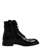 Dolce & Gabbana Black Leather Mid Calf Boots Lace Up Shoes