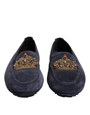 Dolce & Gabbana Blue Suede Crown Crystal Loafers Dress Shoes