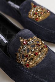 Dolce & Gabbana Blue Suede Crown Crystal Loafers Dress Shoes