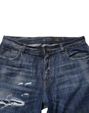 Dolce & Gabbana Blue Cotton Tattered Tapered Men Denim Jeans