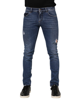 Dolce & Gabbana Blue Cotton Logo Plaque Skinny Men Denim Jeans