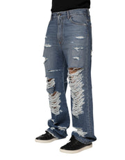 Dolce & Gabbana Blue Tattered Cotton Logo Plaque Denim Jeans