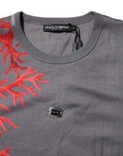 Dolce & Gabbana Gray Cotton Coral Print Logo Plaque T-shirt