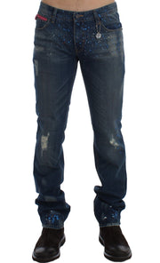 Costume National Blue Wash Paint Slim Fit Pants Jeans