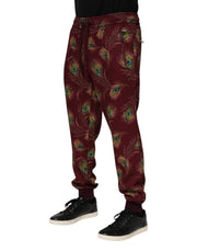 Dolce & Gabbana Burgundy Peacock Feather Print Jogger Pants