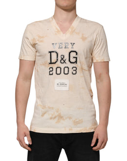 Dolce & Gabbana Beige Logo Print Short Sleeve V-neck T-shirt