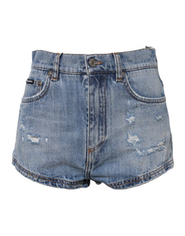 Dolce & Gabbana Blue Logo Plaque Denim Cotton Hot Pants Shorts