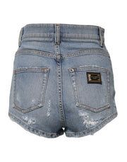 Dolce & Gabbana Blue Tattered Denim Cotton Hot Pants Shorts