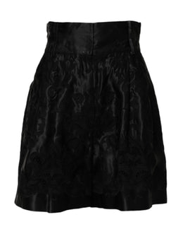Dolce & Gabbana Black Floral Embroidery Silk High Waist Shorts