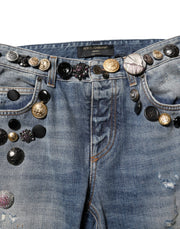 Dolce & Gabbana Blue Embellished Tattered SkinnyDenim Jeans