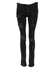 Dolce & Gabbana Black Cotton Tattered Skinny Denim Jeans
