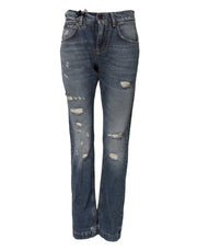 Dolce & Gabbana Blue Cotton Boyfriend Tattered Denim Jeans