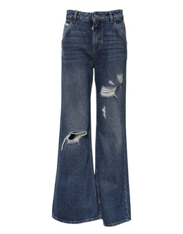 Dolce & Gabbana Blue Cotton Wide Leg Tattered Denim Jeans