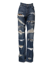 Dolce & Gabbana Blue Tattered Cotton Straight Denim Jeans