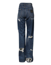 Dolce & Gabbana Blue Tattered Cotton Straight Denim Jeans