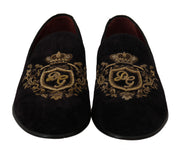 Dolce & Gabbana Loafers Black Velvet Gold Crown