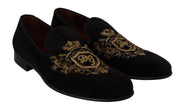 Dolce & Gabbana Loafers Black Velvet Gold Crown