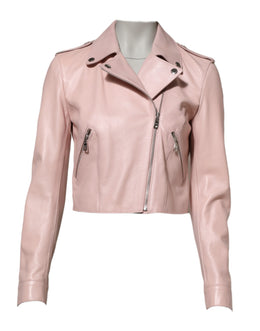 Dolce & Gabbana Light Pink Collar Leather Women Biker Jacket