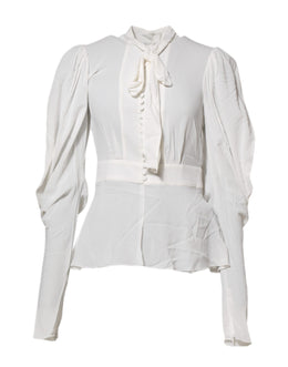 Dolce & Gabbana White Viscose Ascot Collar Long Sleeves Top