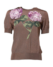 Dolce & Gabbana Brown Lily Embellished Round Neck Blouse Top