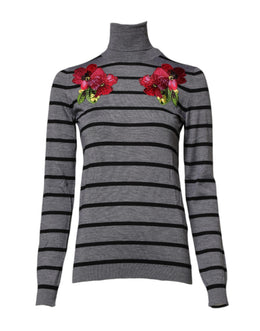 Dolce & Gabbana Gray Floral Embroidery Pullover Sweater